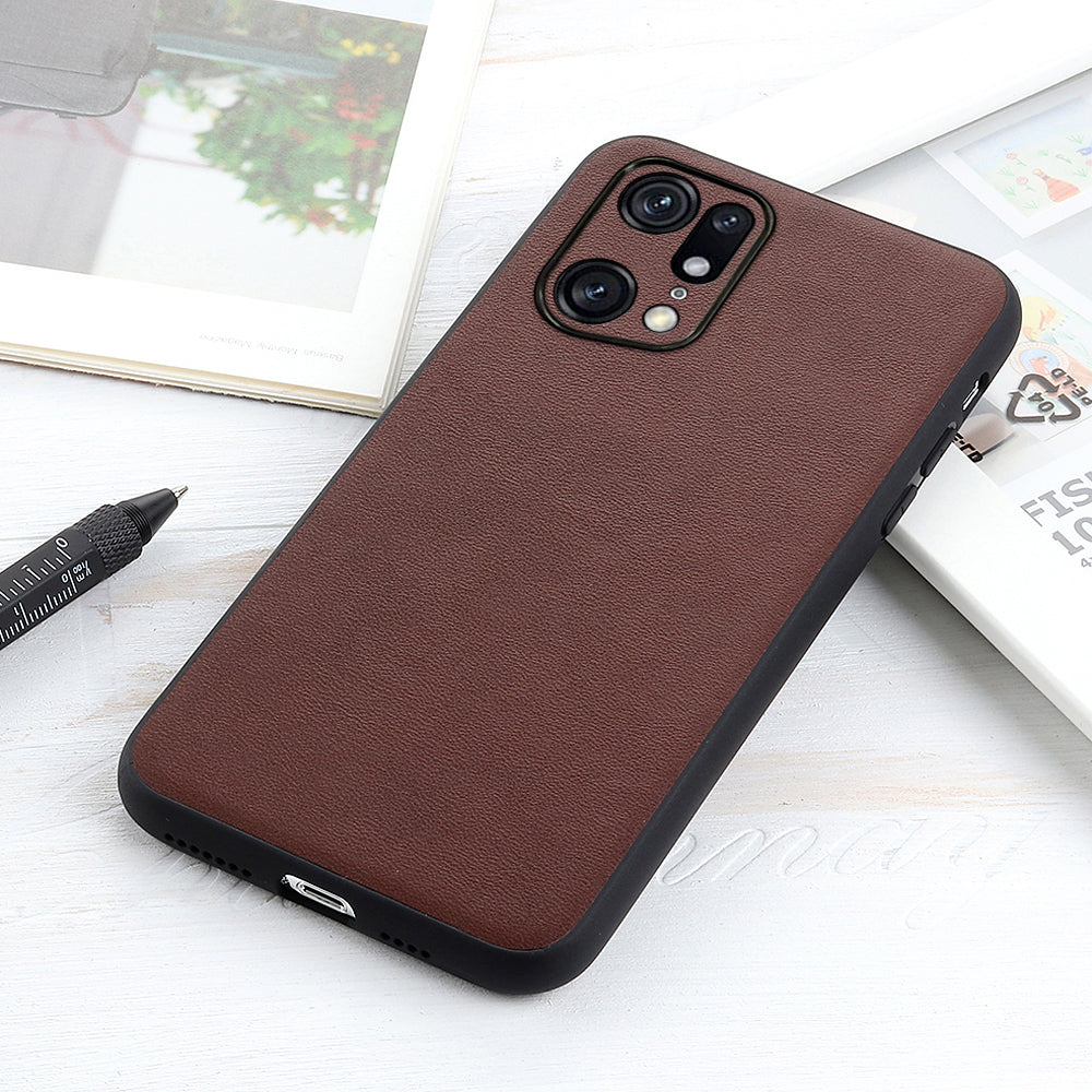 Textured Genuine Leather Coating Case for Oppo Find X5 Pro, PC + TPU Hybrid Phone Cover