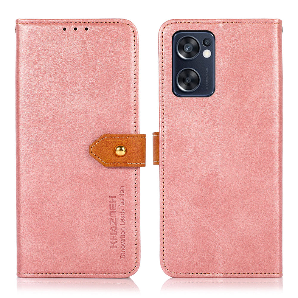 KHAZNEH for Oppo Reno7 SE 5G Scratch-resistant Adjustable Stand Golden Magnetic Clasp PU Leather Phone Cover with Wallet