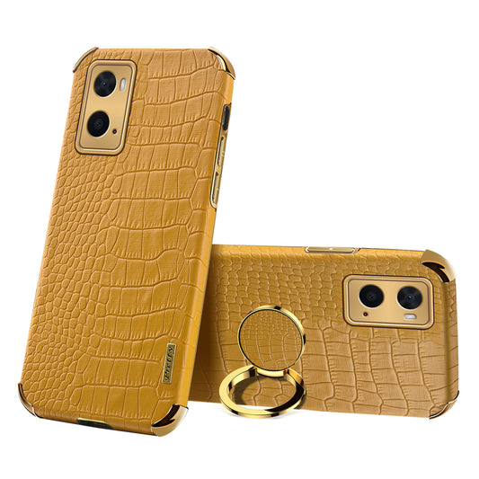 For Oppo A36 / A76 Ring Holder Kickstand Case Crocodile Texture Leather Coated TPU 6D Electroplated Shockproof Protective Cover