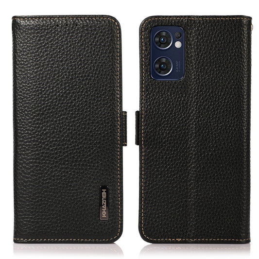 KHAZNEH for Oppo Reno7 5G (Global)/Find X5 Lite RFID Blocking Mobile Phone Case Litchi Texture Genuine Leather Cellphone Cover with Wallet Stand