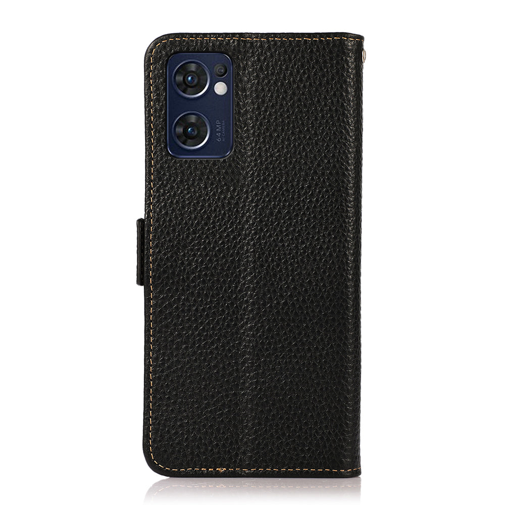 KHAZNEH for Oppo Reno7 5G (Global)/Find X5 Lite RFID Blocking Mobile Phone Case Litchi Texture Genuine Leather Cellphone Cover with Wallet Stand