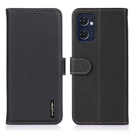 KHAZNEH for Oppo Reno7 5G (Global)/Find X5 Lite Top-Layer Litchi Texture Genuine Leather Shell Anti-Drop Wallet Stand Case Cell Phone Accessory