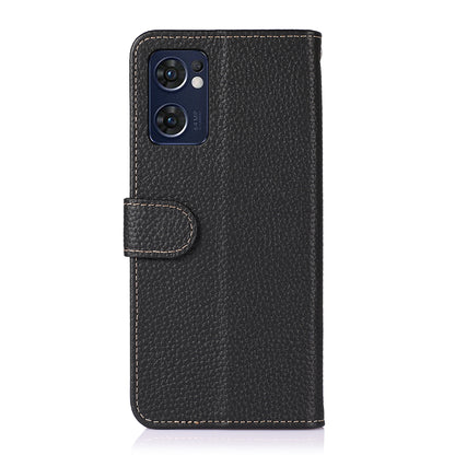 KHAZNEH for Oppo Reno7 5G (Global)/Find X5 Lite Top-Layer Litchi Texture Genuine Leather Shell Anti-Drop Wallet Stand Case Cell Phone Accessory