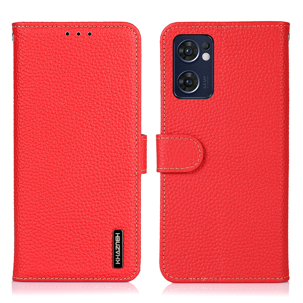 KHAZNEH for Oppo Reno7 5G (Global)/Find X5 Lite Top-Layer Litchi Texture Genuine Leather Shell Anti-Drop Wallet Stand Case Cell Phone Accessory