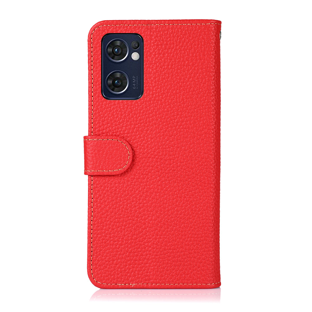 KHAZNEH for Oppo Reno7 5G (Global)/Find X5 Lite Top-Layer Litchi Texture Genuine Leather Shell Anti-Drop Wallet Stand Case Cell Phone Accessory