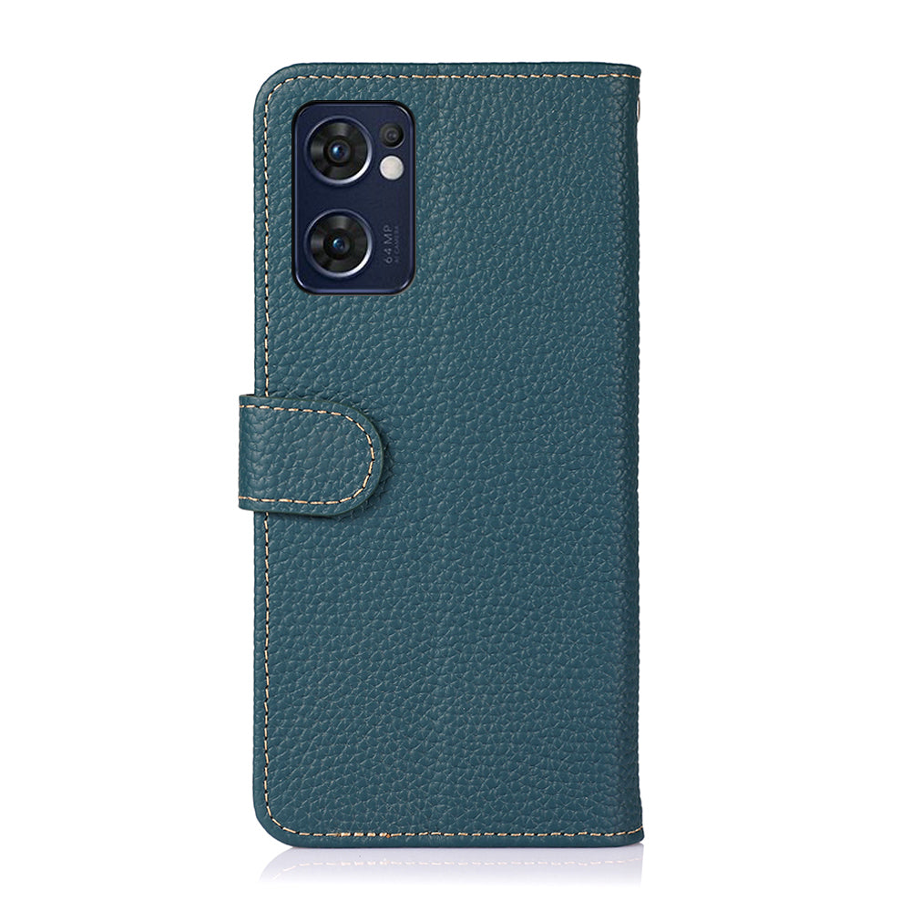 KHAZNEH for Oppo Reno7 5G (Global)/Find X5 Lite Top-Layer Litchi Texture Genuine Leather Shell Anti-Drop Wallet Stand Case Cell Phone Accessory