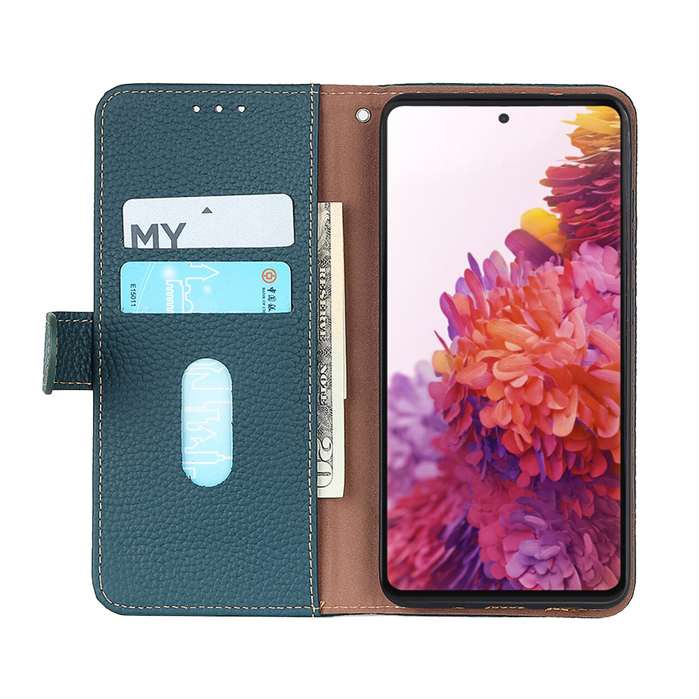 KHAZNEH for Oppo Reno7 5G (Global)/Find X5 Lite Top-Layer Litchi Texture Genuine Leather Shell Anti-Drop Wallet Stand Case Cell Phone Accessory