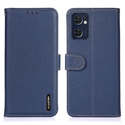 KHAZNEH for Oppo Reno7 5G (Global)/Find X5 Lite Top-Layer Litchi Texture Genuine Leather Shell Anti-Drop Wallet Stand Case Cell Phone Accessory