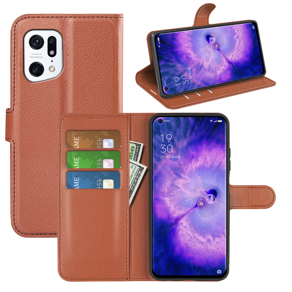 PU Leather Smartphone Cover Bag for Oppo Find X5, Wallet Anti-scratch Litchi Texture Phone Stand Function Dustproof Case