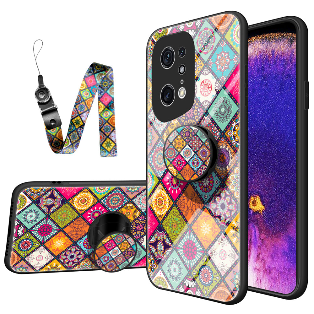 For Oppo Find X5 Pro Kickstand Function Anti-fall Flower Pattern Design Hard Tempered Glass + PC Back + Soft TPU Frame Cover Case