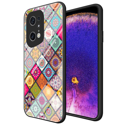 For Oppo Find X5 Pro Kickstand Function Anti-fall Flower Pattern Design Hard Tempered Glass + PC Back + Soft TPU Frame Cover Case