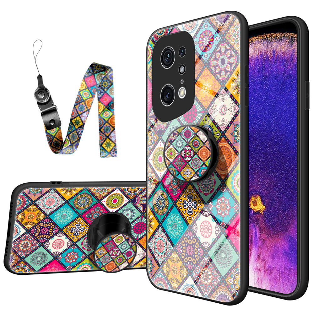 For Oppo Find X5 Pro Kickstand Function Anti-fall Flower Pattern Design Hard Tempered Glass + PC Back + Soft TPU Frame Cover Case