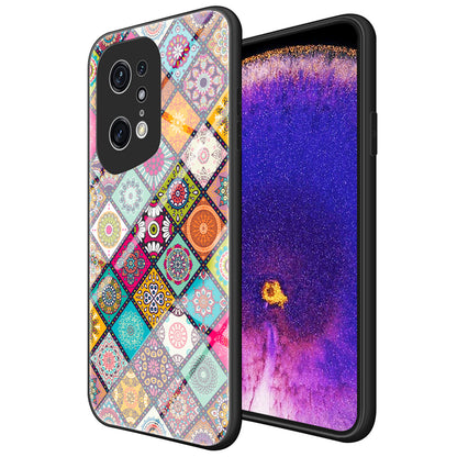 For Oppo Find X5 Pro Kickstand Function Anti-fall Flower Pattern Design Hard Tempered Glass + PC Back + Soft TPU Frame Cover Case