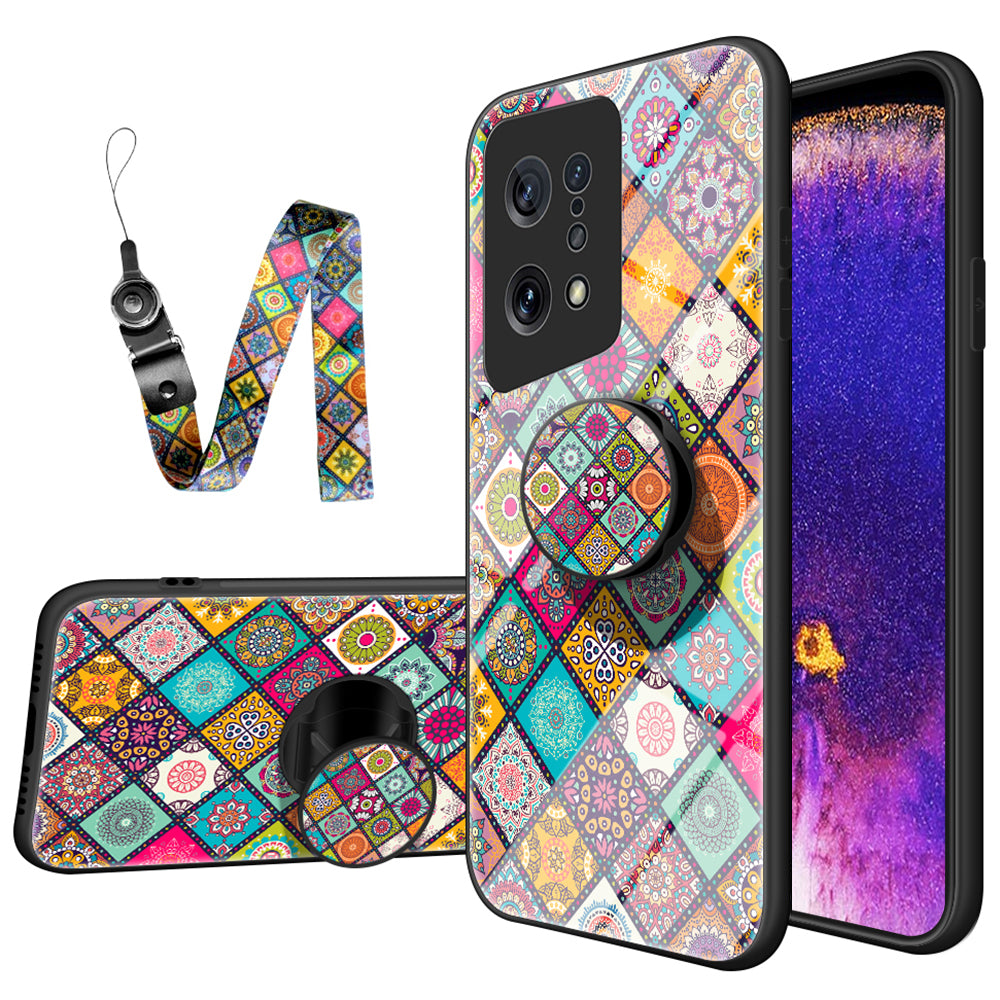 For Oppo Find X5 Scratch-resistant Kickstand Flower Pattern Design Hard Tempered Glass + PC Back + Soft TPU Frame Phone Shell Case