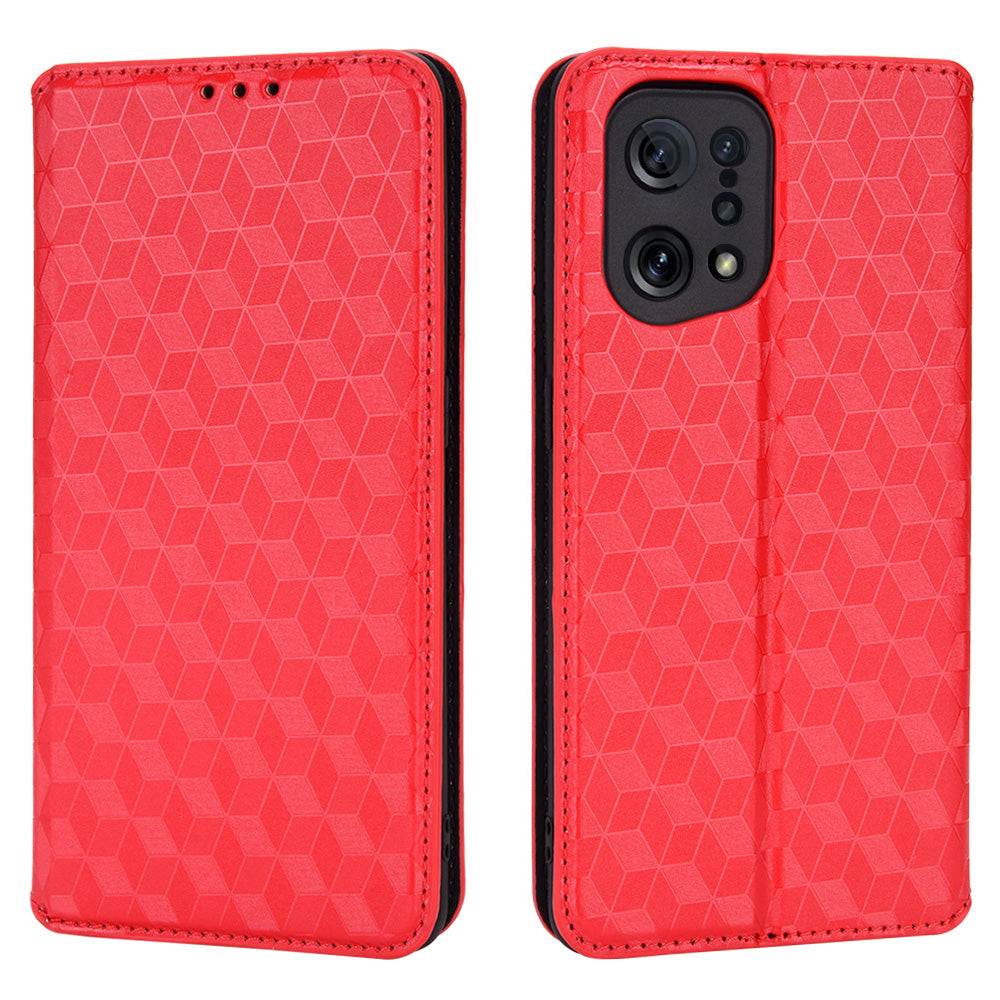 For Oppo Find X5 Rhombus Imprinted Magnetic Folio Flip Leather Protective Shell Phone Case with Stand Wallet