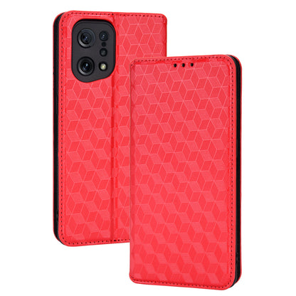 For Oppo Find X5 Rhombus Imprinted Magnetic Folio Flip Leather Protective Shell Phone Case with Stand Wallet