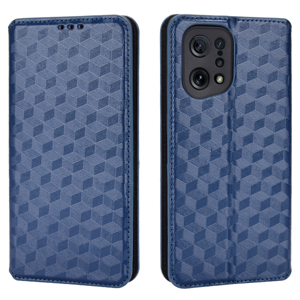 For Oppo Find X5 Rhombus Imprinted Magnetic Folio Flip Leather Protective Shell Phone Case with Stand Wallet