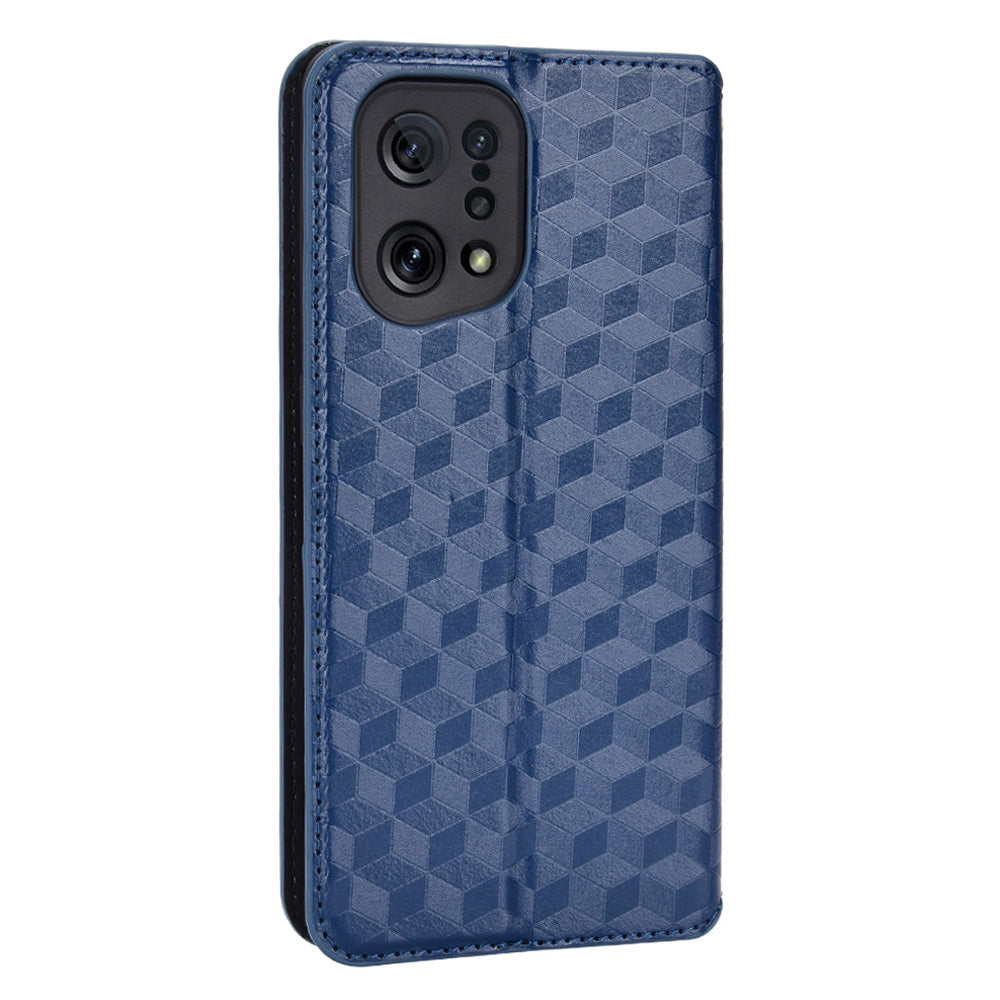 For Oppo Find X5 Rhombus Imprinted Magnetic Folio Flip Leather Protective Shell Phone Case with Stand Wallet