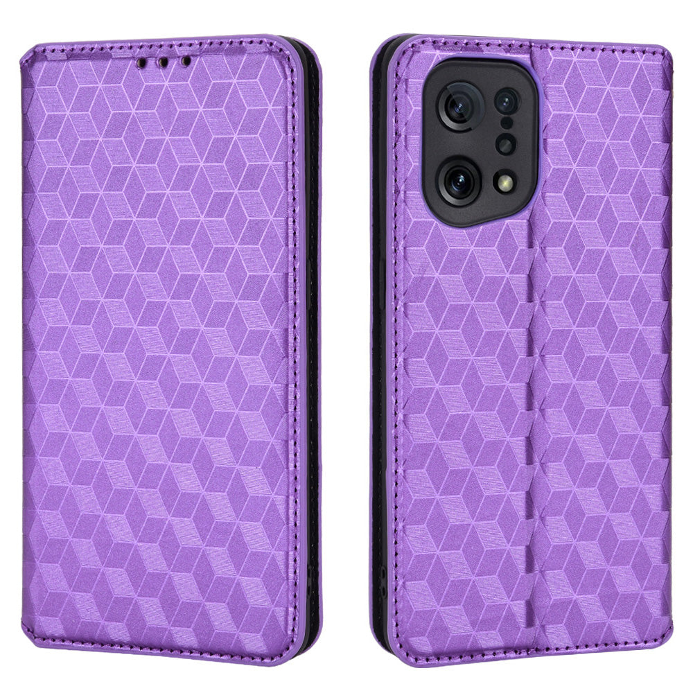 For Oppo Find X5 Rhombus Imprinted Magnetic Folio Flip Leather Protective Shell Phone Case with Stand Wallet