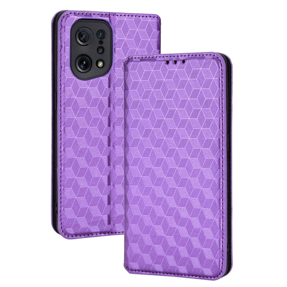 For Oppo Find X5 Rhombus Imprinted Magnetic Folio Flip Leather Protective Shell Phone Case with Stand Wallet