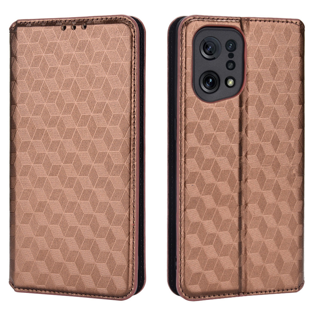 For Oppo Find X5 Rhombus Imprinted Magnetic Folio Flip Leather Protective Shell Phone Case with Stand Wallet