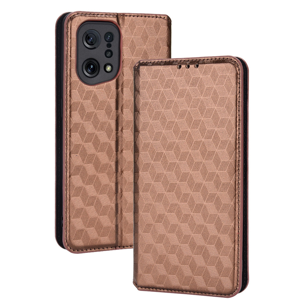 For Oppo Find X5 Rhombus Imprinted Magnetic Folio Flip Leather Protective Shell Phone Case with Stand Wallet