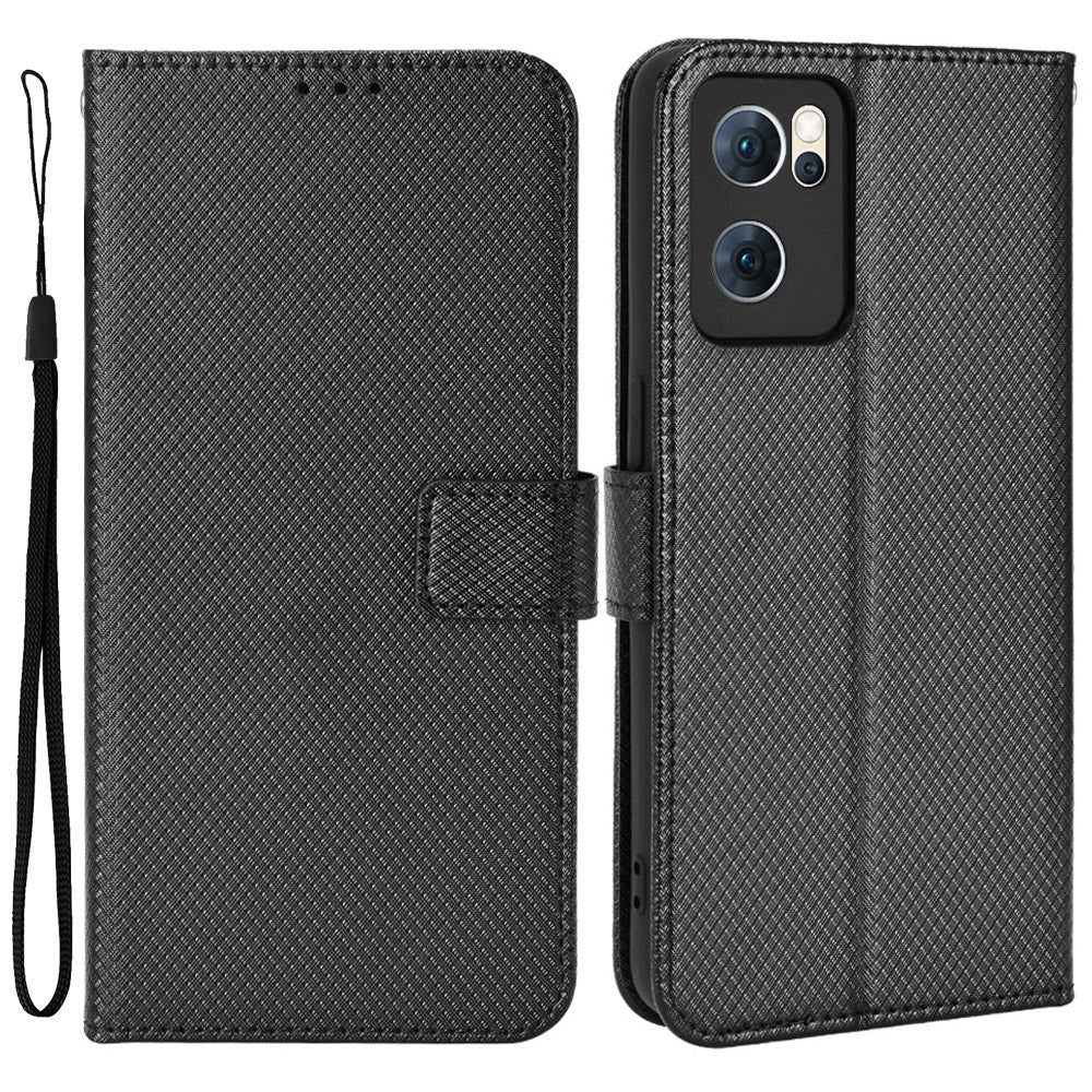 For Oppo Reno7 5G (China) Drop Resistant Diamond Texture Phone Case Cover with Wallet Function PU Leather Stand Cell Phone Shell with Strap