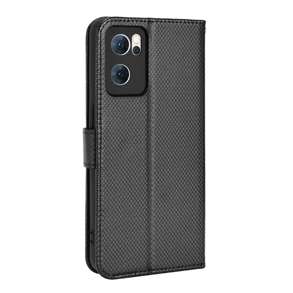 For Oppo Reno7 5G (China) Drop Resistant Diamond Texture Phone Case Cover with Wallet Function PU Leather Stand Cell Phone Shell with Strap