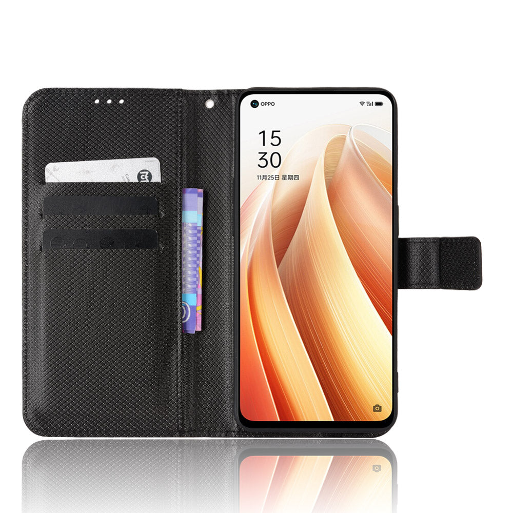 For Oppo Reno7 5G (China) Drop Resistant Diamond Texture Phone Case Cover with Wallet Function PU Leather Stand Cell Phone Shell with Strap