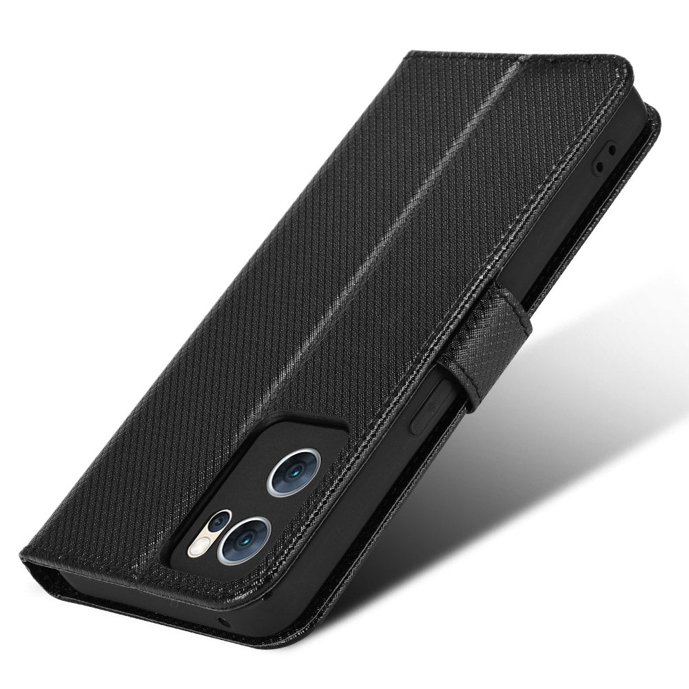 For Oppo Reno7 5G (China) Drop Resistant Diamond Texture Phone Case Cover with Wallet Function PU Leather Stand Cell Phone Shell with Strap