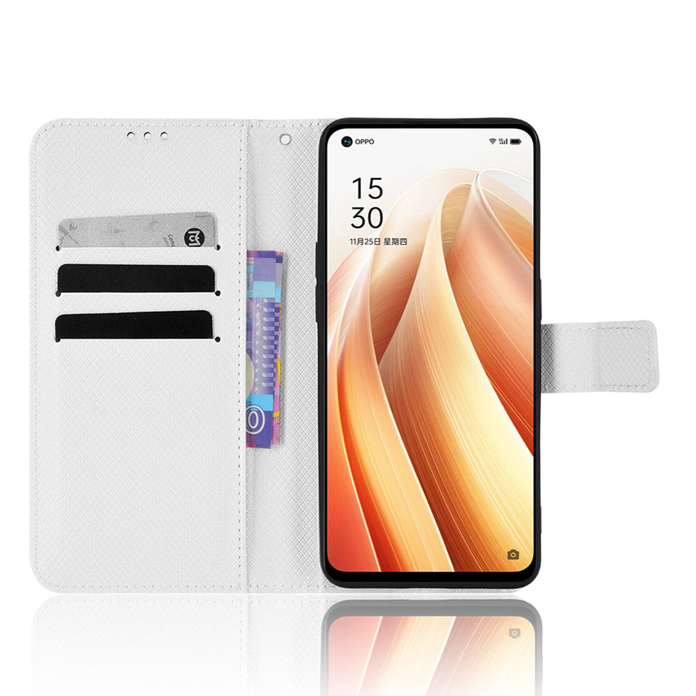 For Oppo Reno7 5G (China) Drop Resistant Diamond Texture Phone Case Cover with Wallet Function PU Leather Stand Cell Phone Shell with Strap