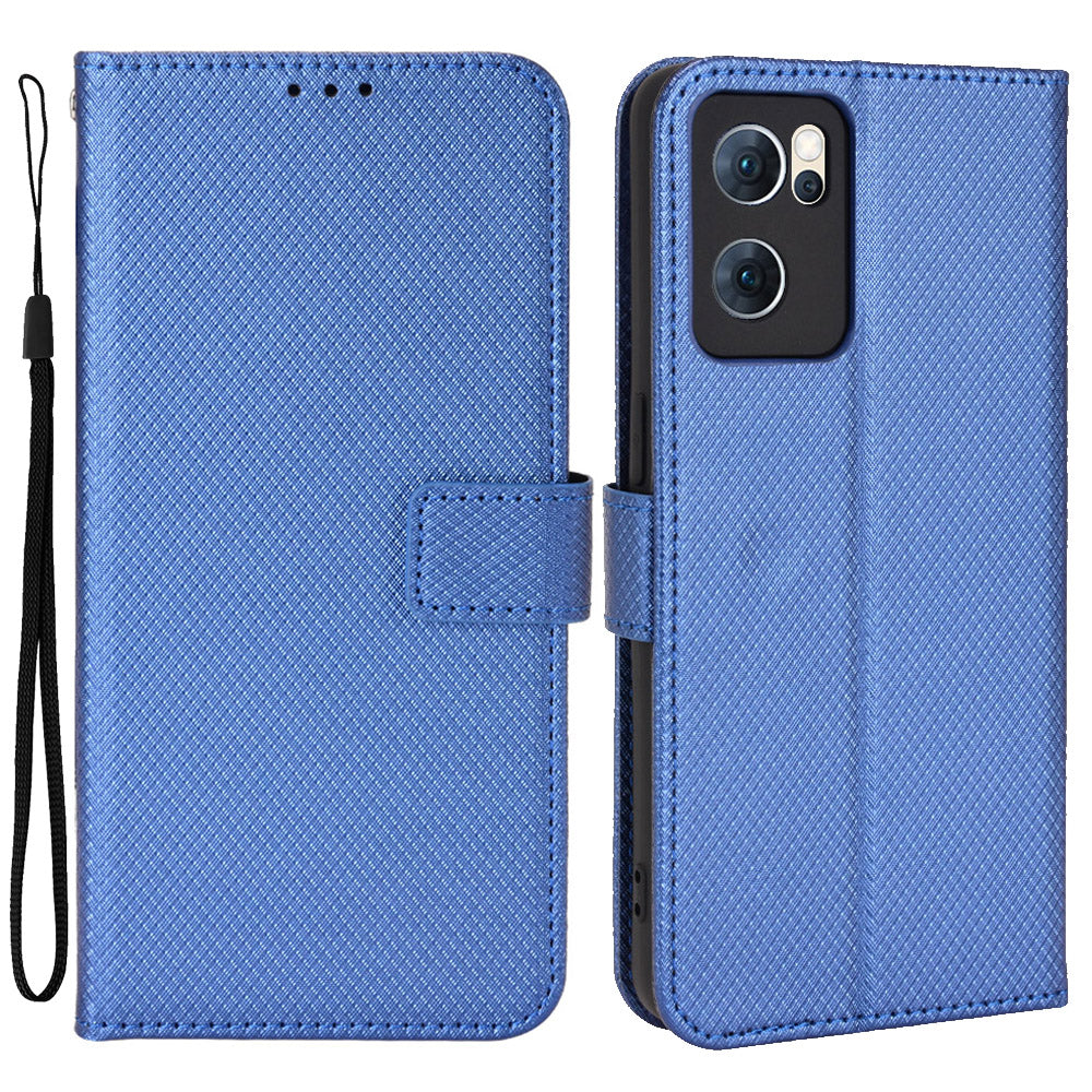 For Oppo Reno7 5G (China) Drop Resistant Diamond Texture Phone Case Cover with Wallet Function PU Leather Stand Cell Phone Shell with Strap