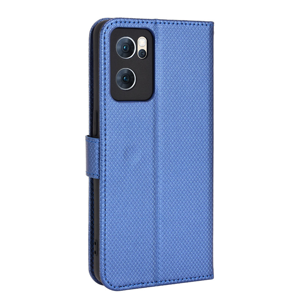 For Oppo Reno7 5G (China) Drop Resistant Diamond Texture Phone Case Cover with Wallet Function PU Leather Stand Cell Phone Shell with Strap