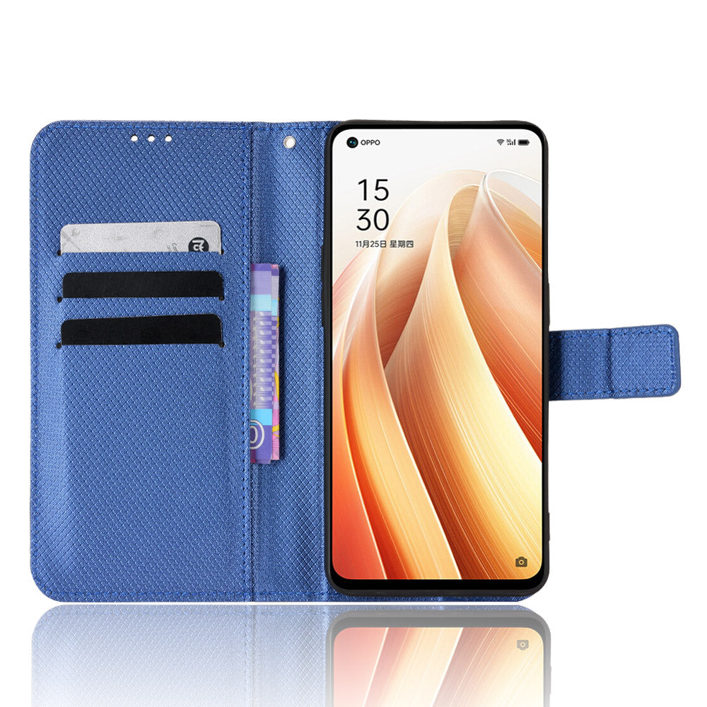 For Oppo Reno7 5G (China) Drop Resistant Diamond Texture Phone Case Cover with Wallet Function PU Leather Stand Cell Phone Shell with Strap