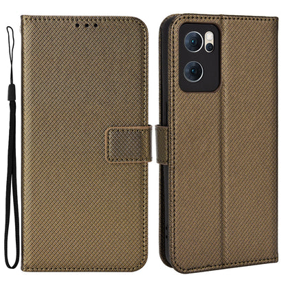 For Oppo Reno7 5G (China) Drop Resistant Diamond Texture Phone Case Cover with Wallet Function PU Leather Stand Cell Phone Shell with Strap