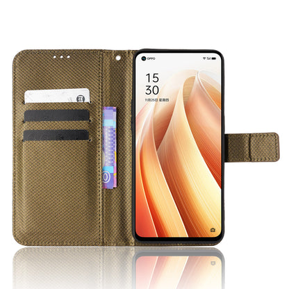 For Oppo Reno7 5G (China) Drop Resistant Diamond Texture Phone Case Cover with Wallet Function PU Leather Stand Cell Phone Shell with Strap