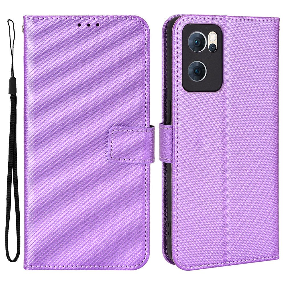 For Oppo Reno7 5G (China) Drop Resistant Diamond Texture Phone Case Cover with Wallet Function PU Leather Stand Cell Phone Shell with Strap