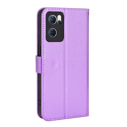 For Oppo Reno7 5G (China) Drop Resistant Diamond Texture Phone Case Cover with Wallet Function PU Leather Stand Cell Phone Shell with Strap