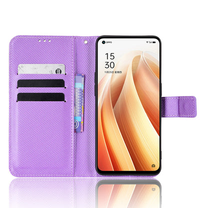 For Oppo Reno7 5G (China) Drop Resistant Diamond Texture Phone Case Cover with Wallet Function PU Leather Stand Cell Phone Shell with Strap