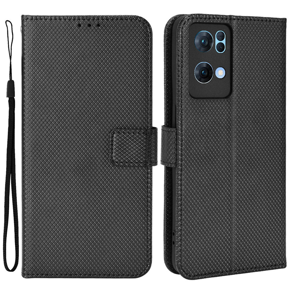 For Oppo Reno7 Pro 5G Diamond Texture Phone Case Cover with Wallet Function PU Leather Horizontal Stand Cell Phone Shell