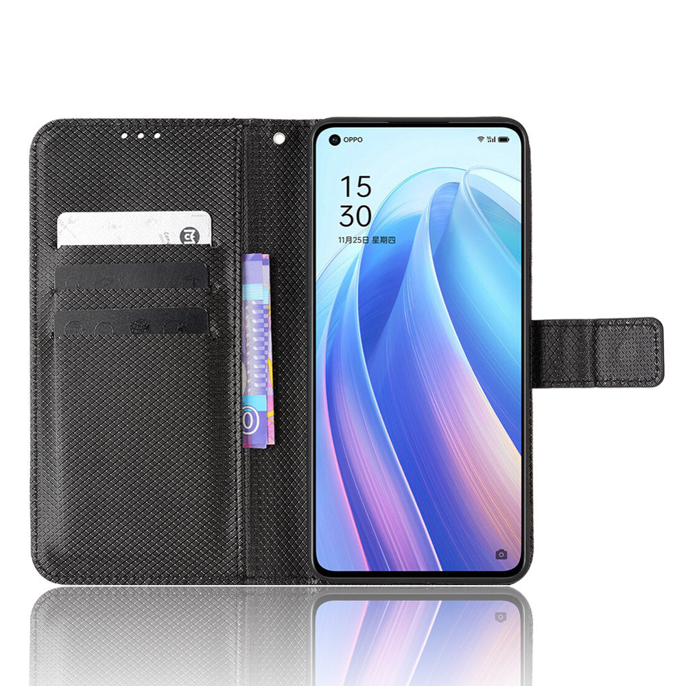 For Oppo Reno7 Pro 5G Diamond Texture Phone Case Cover with Wallet Function PU Leather Horizontal Stand Cell Phone Shell