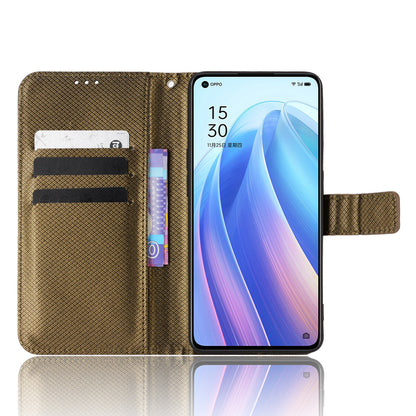 For Oppo Reno7 Pro 5G Diamond Texture Phone Case Cover with Wallet Function PU Leather Horizontal Stand Cell Phone Shell