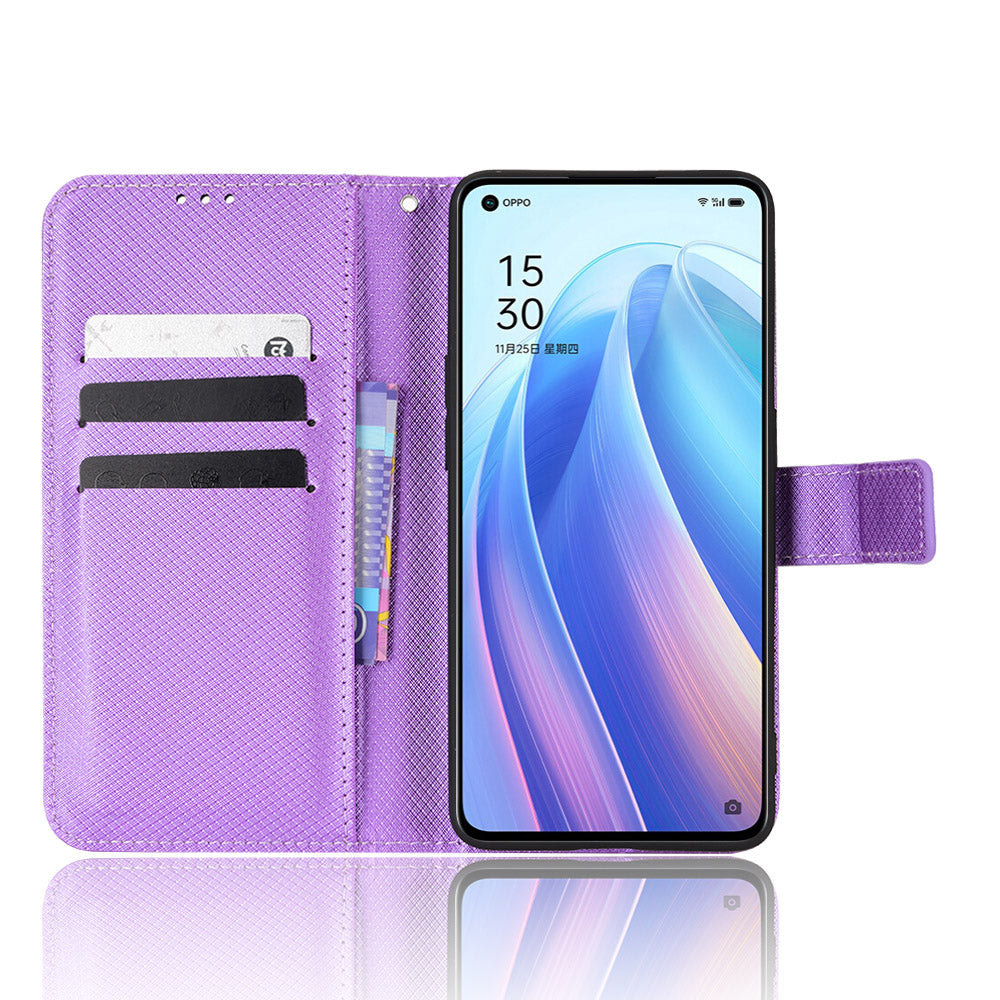 For Oppo Reno7 Pro 5G Diamond Texture Phone Case Cover with Wallet Function PU Leather Horizontal Stand Cell Phone Shell