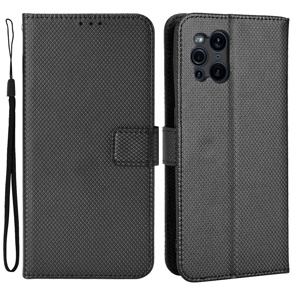 For Oppo Find X3 Pro/Oppo Find X3 Wallet Stand Phone Cover Diamond Texture PU Leather Anti-scratch Cell Phone Case with Strap