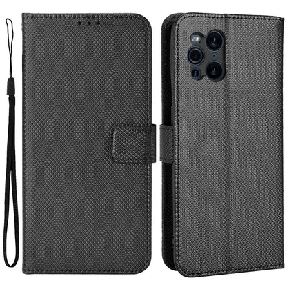 For Oppo Find X3 Pro/Oppo Find X3 Wallet Stand Phone Cover Diamond Texture PU Leather Anti-scratch Cell Phone Case with Strap