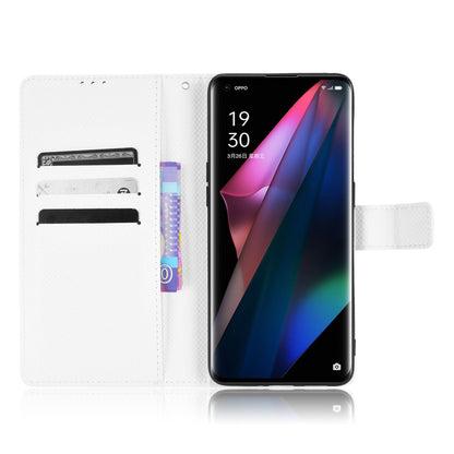 For Oppo Find X3 Pro/Oppo Find X3 Wallet Stand Phone Cover Diamond Texture PU Leather Anti-scratch Cell Phone Case with Strap