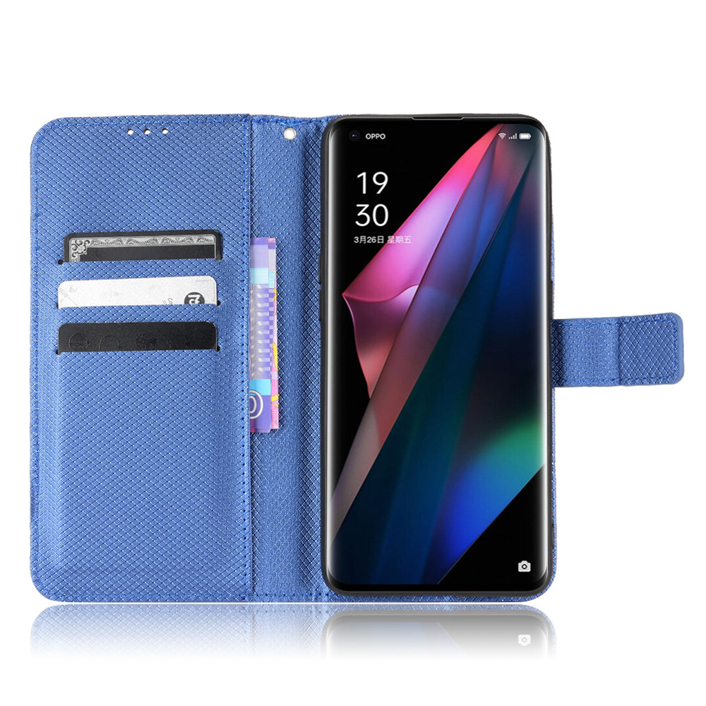 For Oppo Find X3 Pro/Oppo Find X3 Wallet Stand Phone Cover Diamond Texture PU Leather Anti-scratch Cell Phone Case with Strap