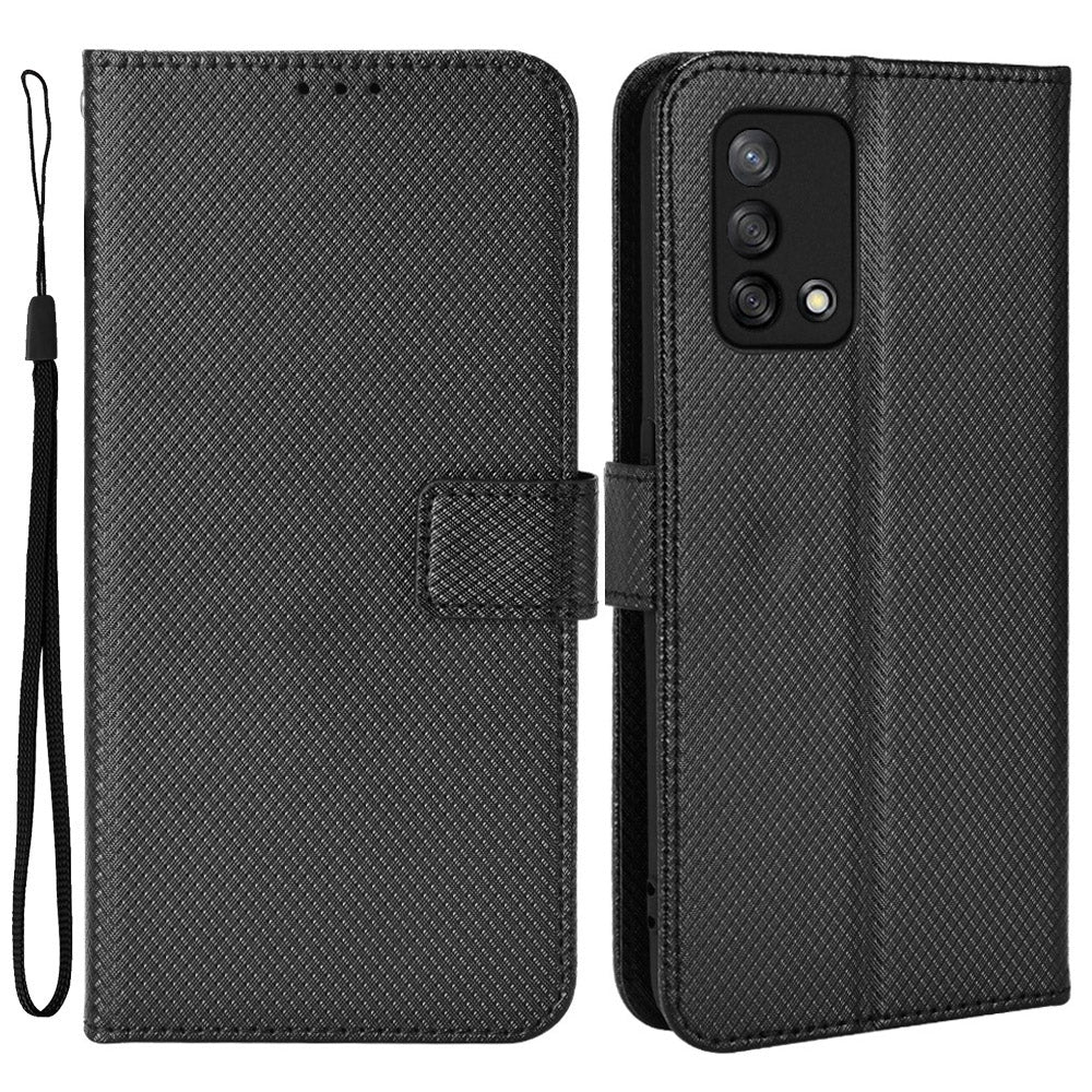 For Oppo A74 4G/Oppo F19 PU Leather Phone Case Wallet Stand Cover Anti-scratch Diamond Texture Phone Cover with Strap