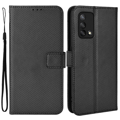 For Oppo A74 4G/Oppo F19 PU Leather Phone Case Wallet Stand Cover Anti-scratch Diamond Texture Phone Cover with Strap