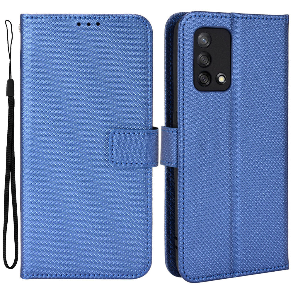 For Oppo A74 4G/Oppo F19 PU Leather Phone Case Wallet Stand Cover Anti-scratch Diamond Texture Phone Cover with Strap